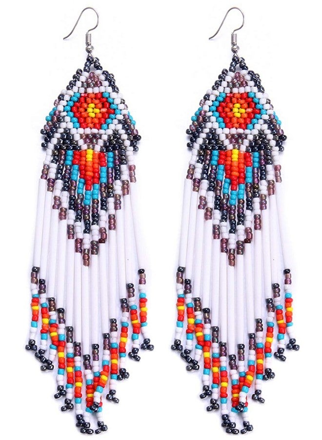 Coeufuedy White Beaded Earrings for Women Seed Bead Earrings Bohemian Statement Drop Fringe Earring for Girls(White) - Image 1